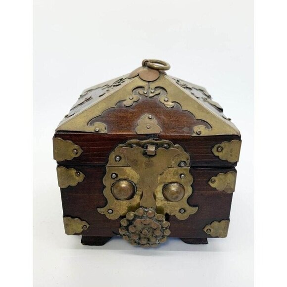 Vintage Asian Wooden and Brass Decorative Box Home Decor Gift